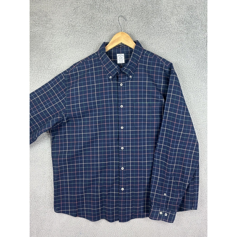 Brooks Brothers Shirt Mens 2XL Blue Plaid Button Down Cotton Wool Regular Preppy